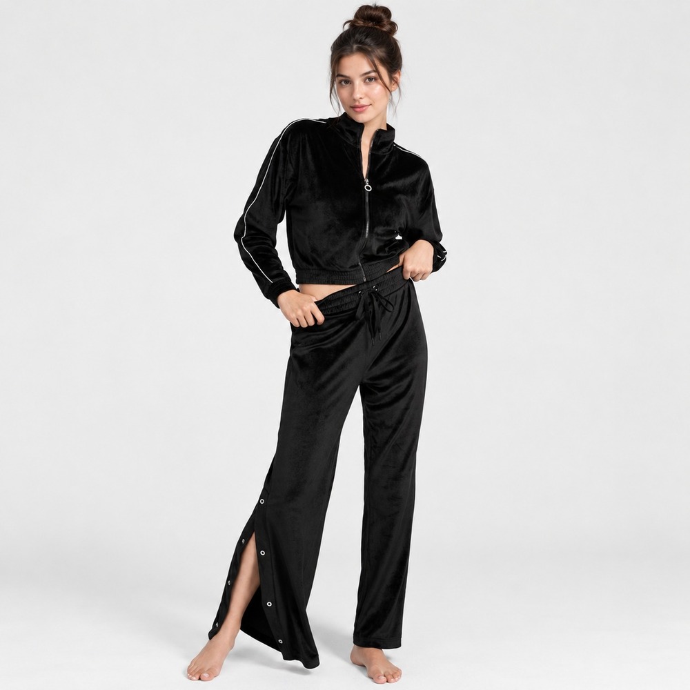 VICTORIA'S SECRET Women's Wide Leg Pants MEDIUM Rhinestone Snap Velour Black